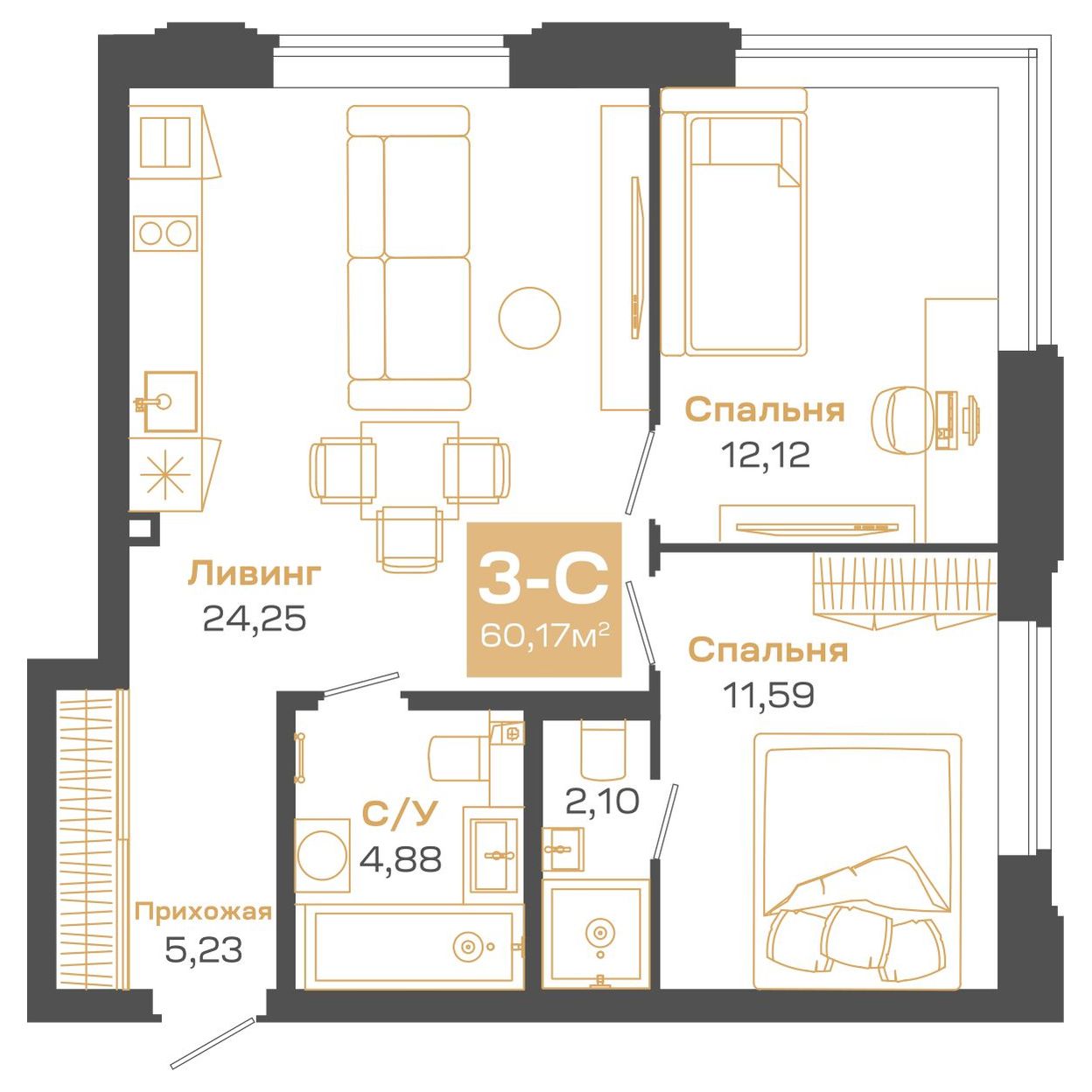 Планировка: Евро-3, 60,17 м²