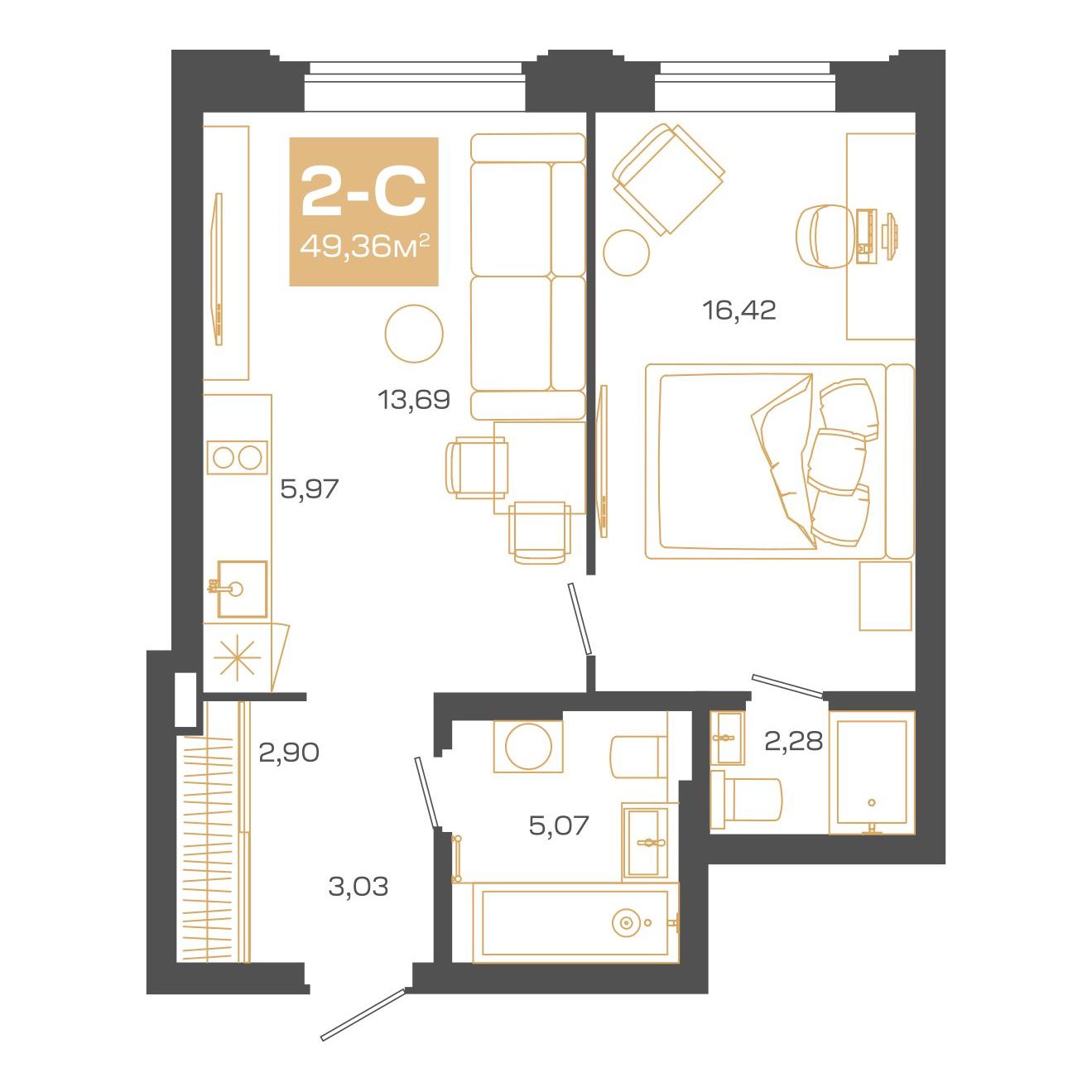 Планировка: Евро-2, 49,47 м²