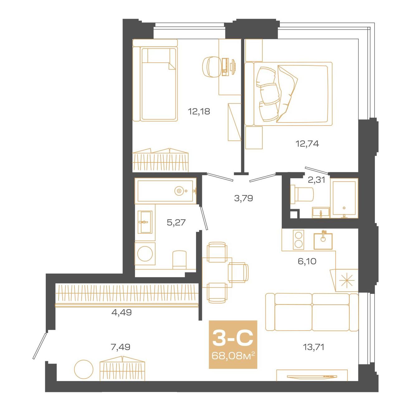 Планировка: Евро-3, 68,08 м²