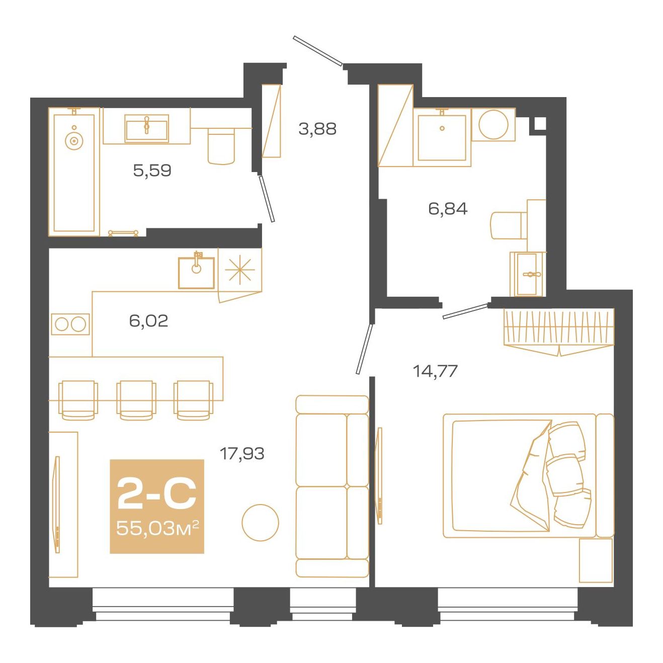 Планировка: 2-комнатная 55,03 м² в ЖК «Пульсар»