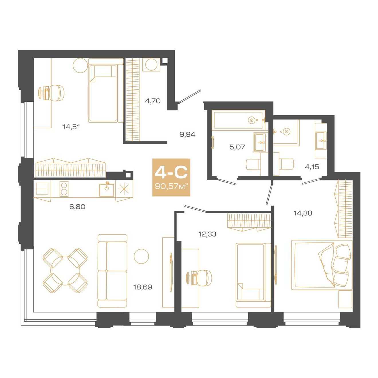 Планировка: Евро-4, 90,57 м²