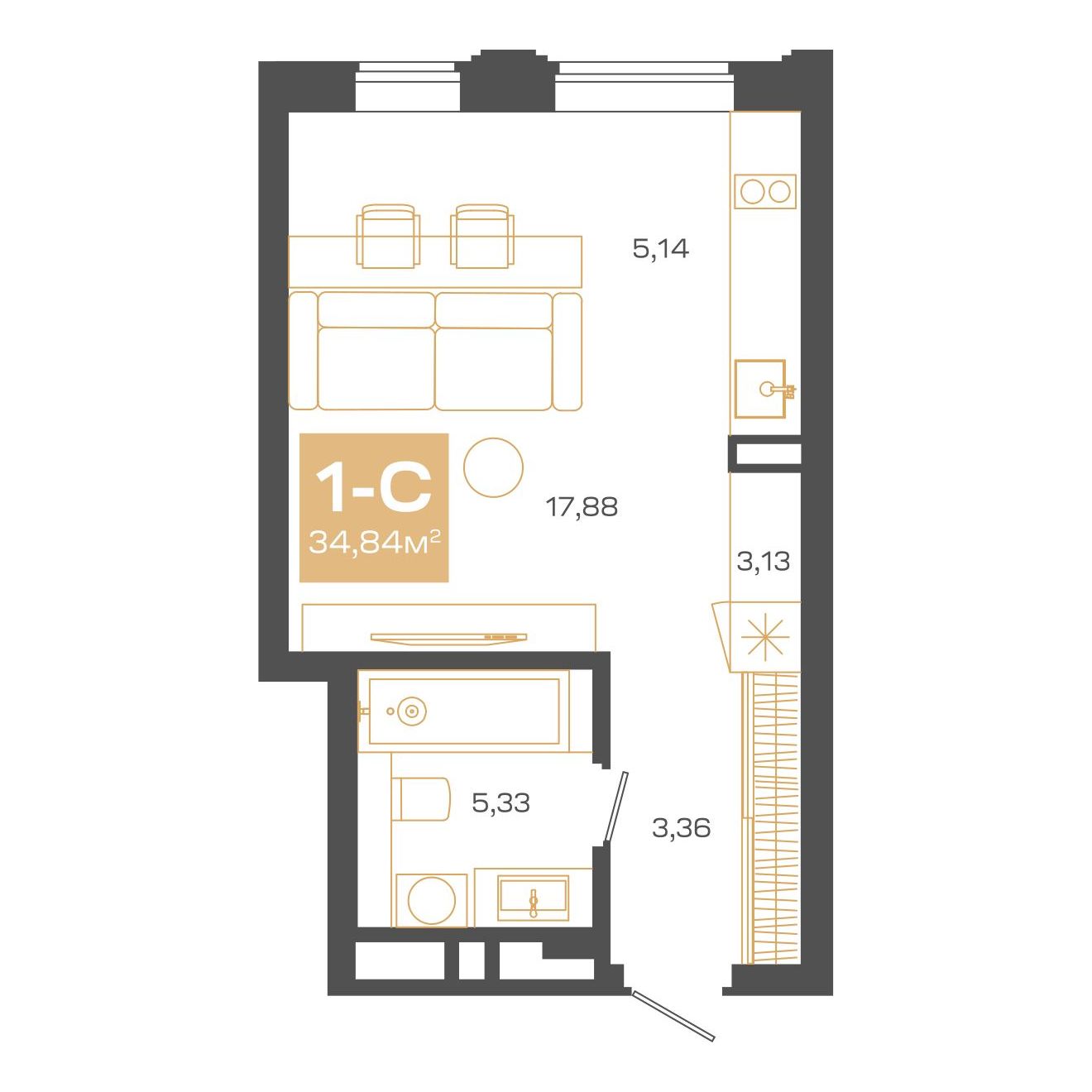 Планировка: Евро-1, 34,84 м²