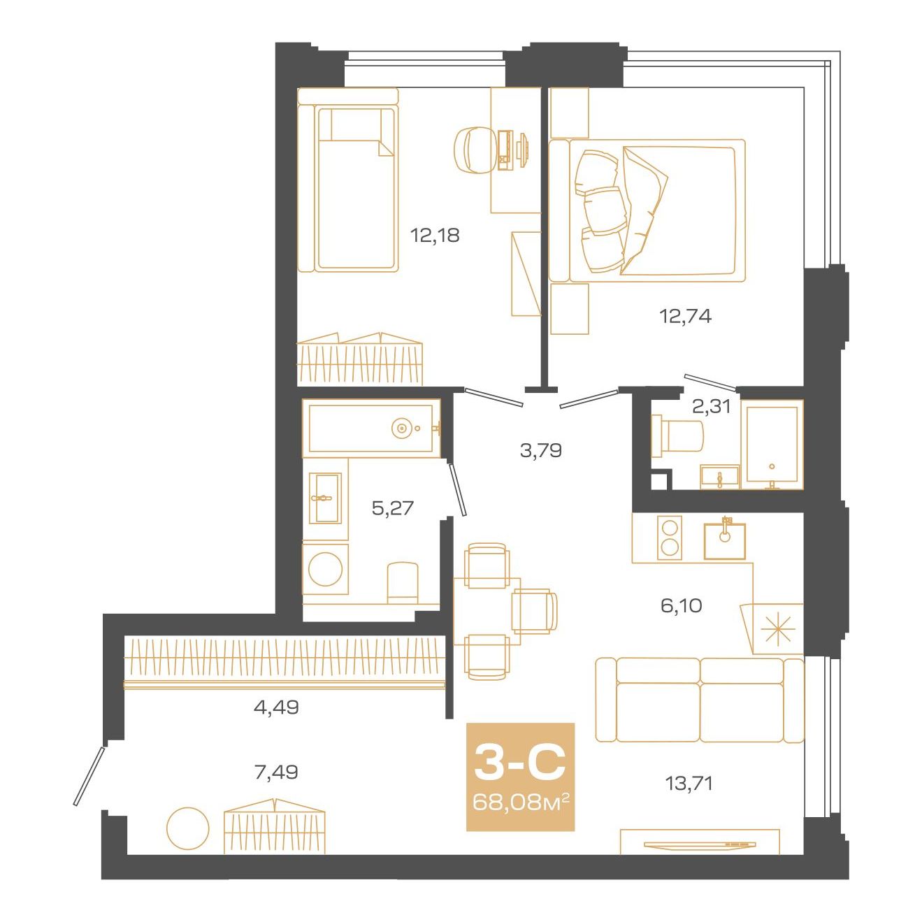 Планировка: Евро-3, 68,08 м²