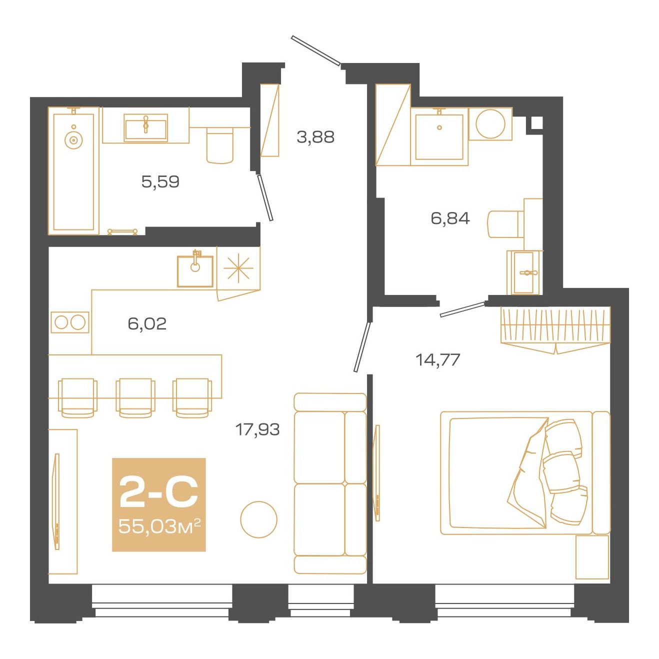 Планировка: 2-комнатная 55,03 м² в ЖК «Пульсар»