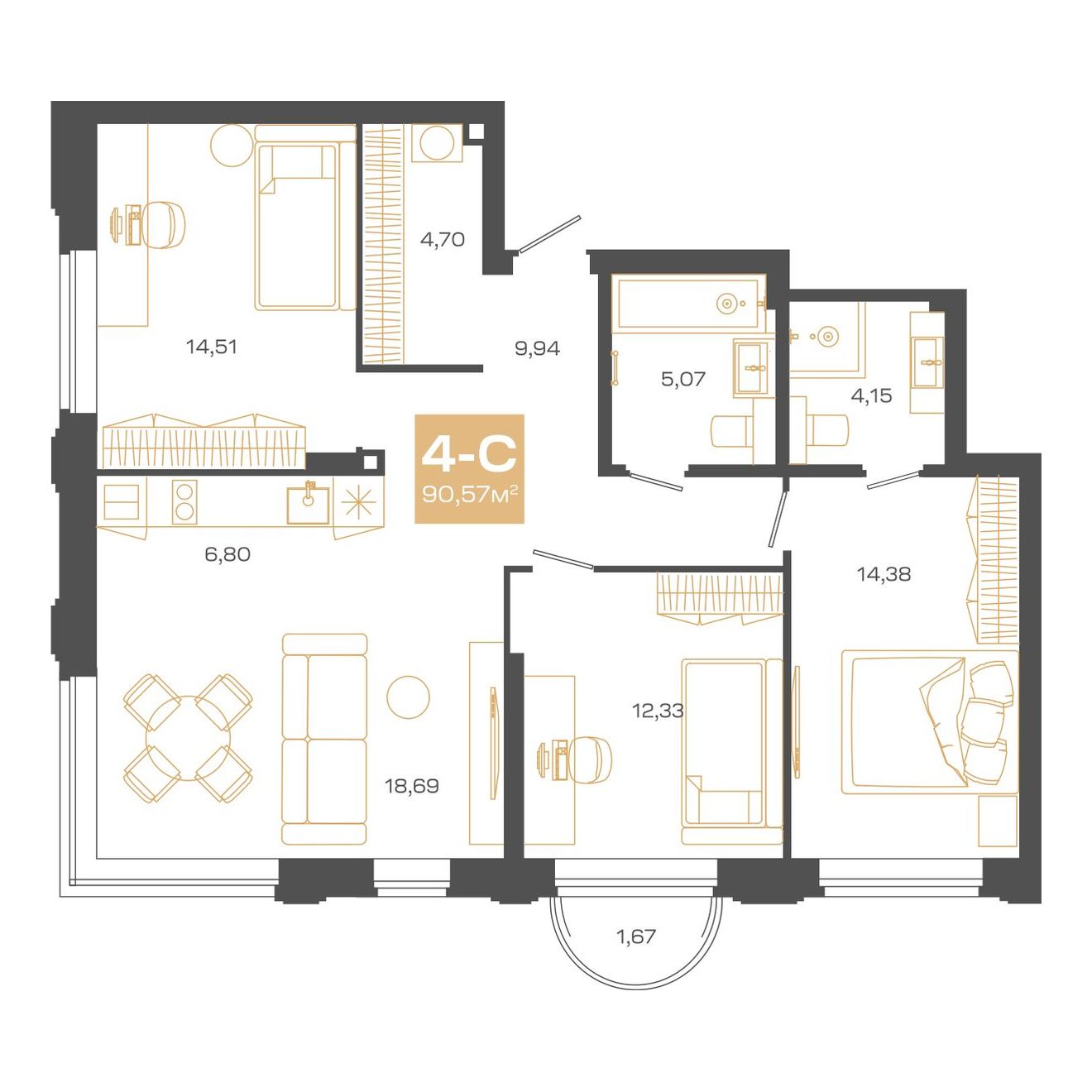 Планировка: Евро-4, 90,57 м²