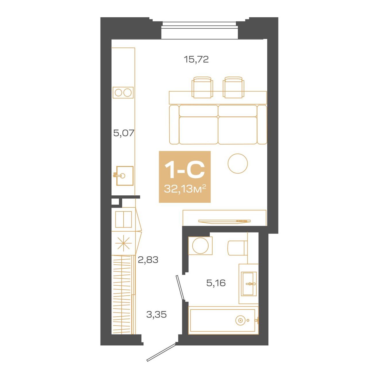 Планировка: Евро-1, 32,13 м²