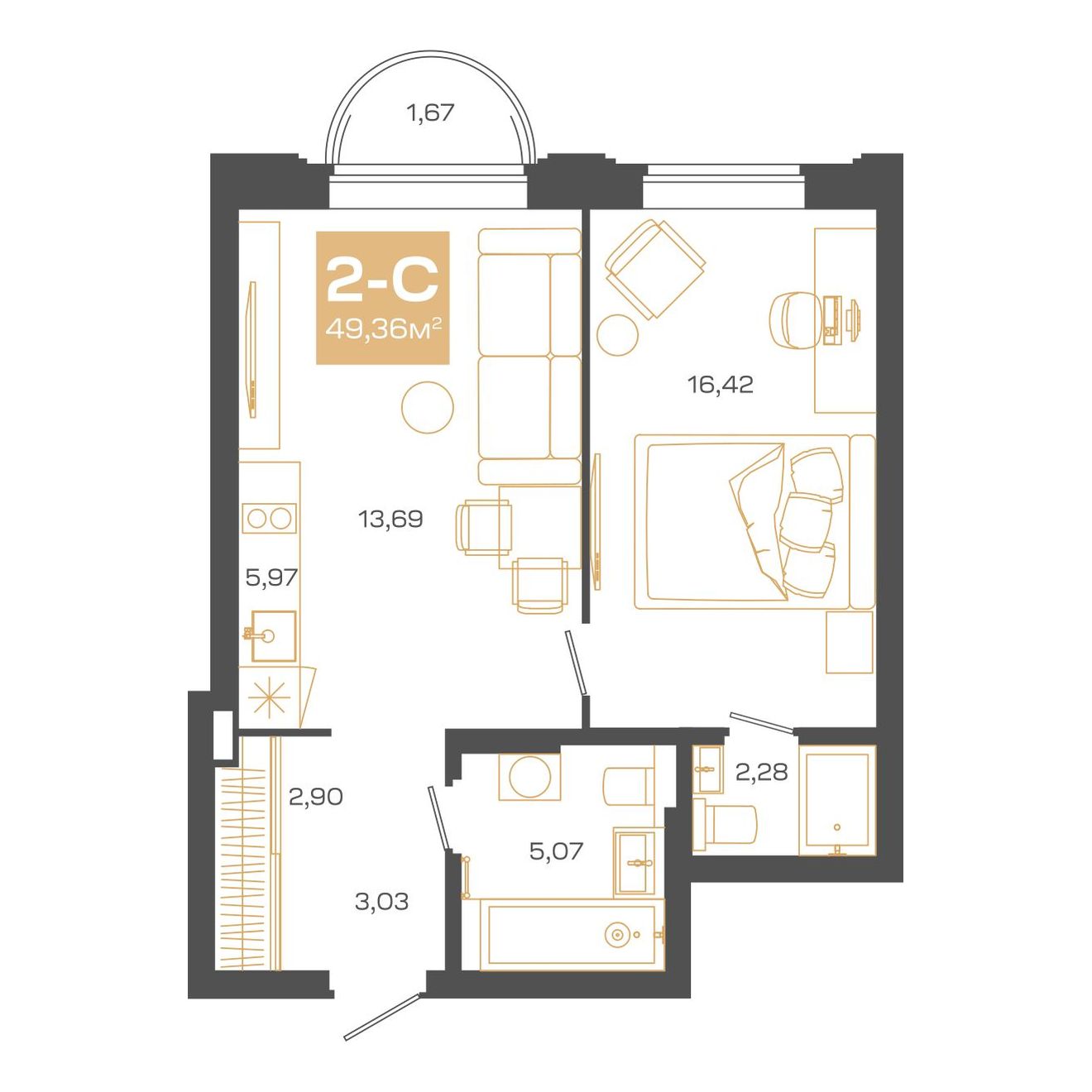 Планировка: 2-комнатная 49,47 м² в ЖК «Пульсар»