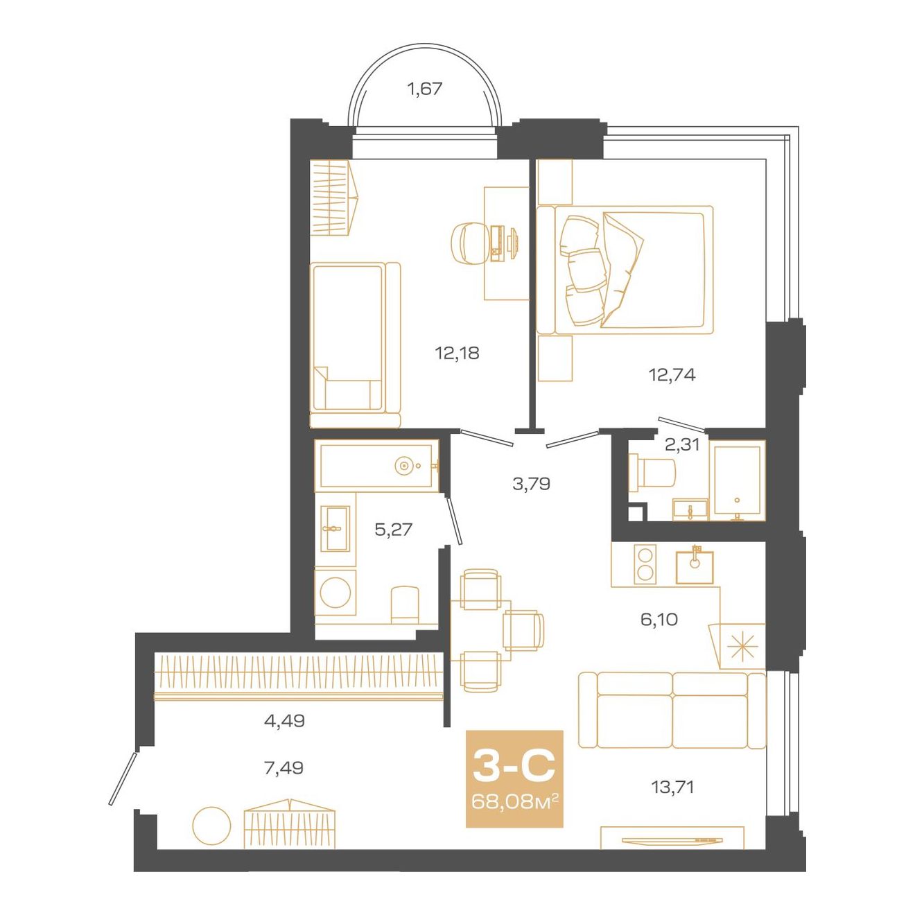Планировка: Евро-3, 68,08 м²
