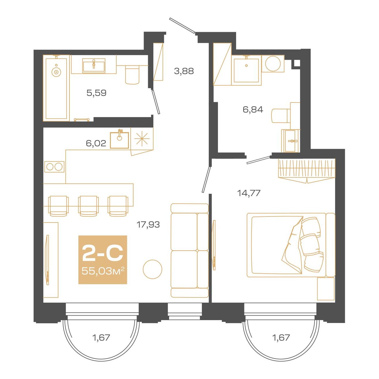 Планировка: 2-комнатная 55,03 м² в ЖК «Пульсар»
