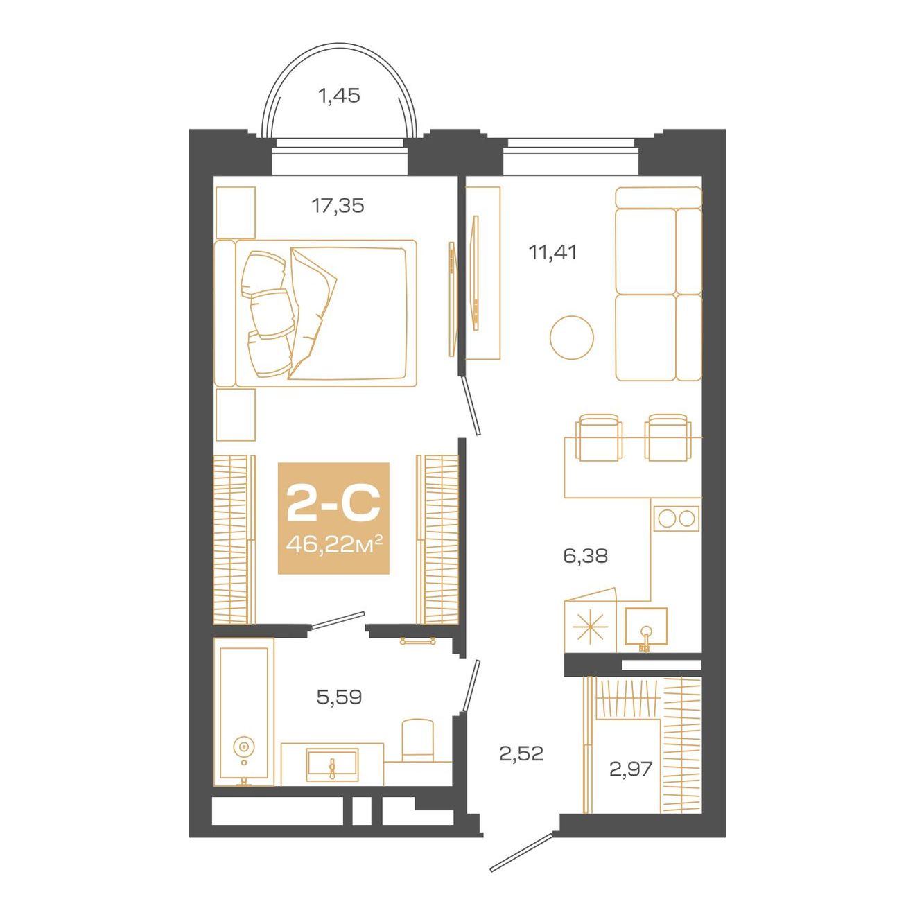 Планировка: Евро-2, 46,22 м²
