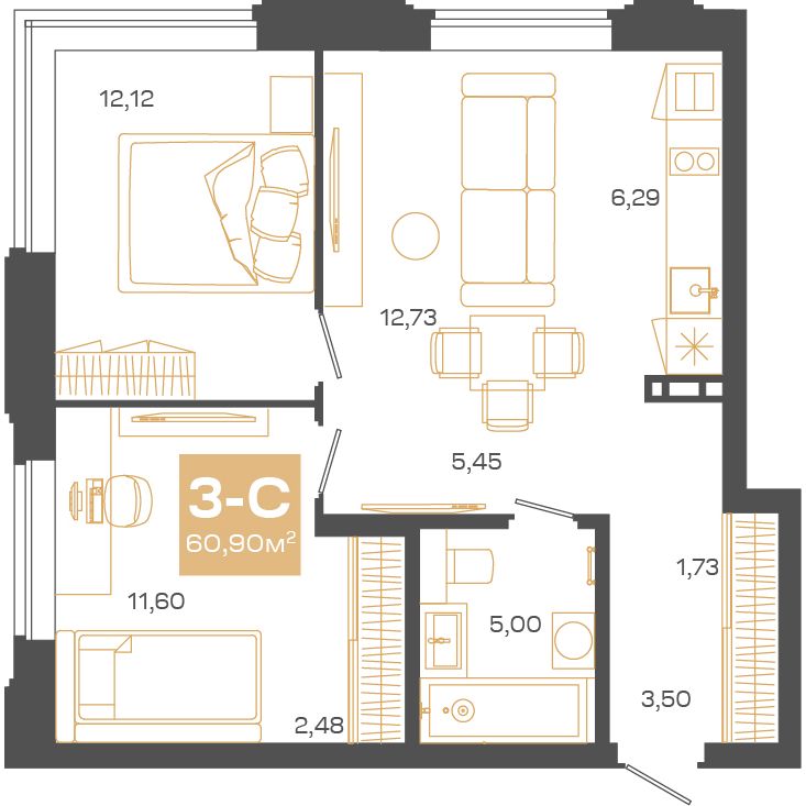 Планировка: Евро-3, 60,42 м²