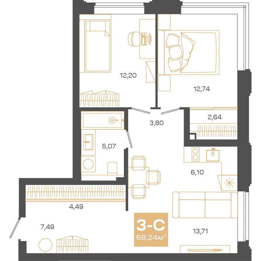 Планировка: Евро-3, 68,08 м²