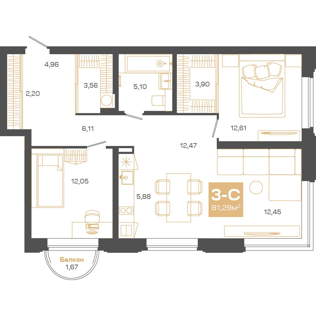 Планировка: Евро-3, 80,66 м²