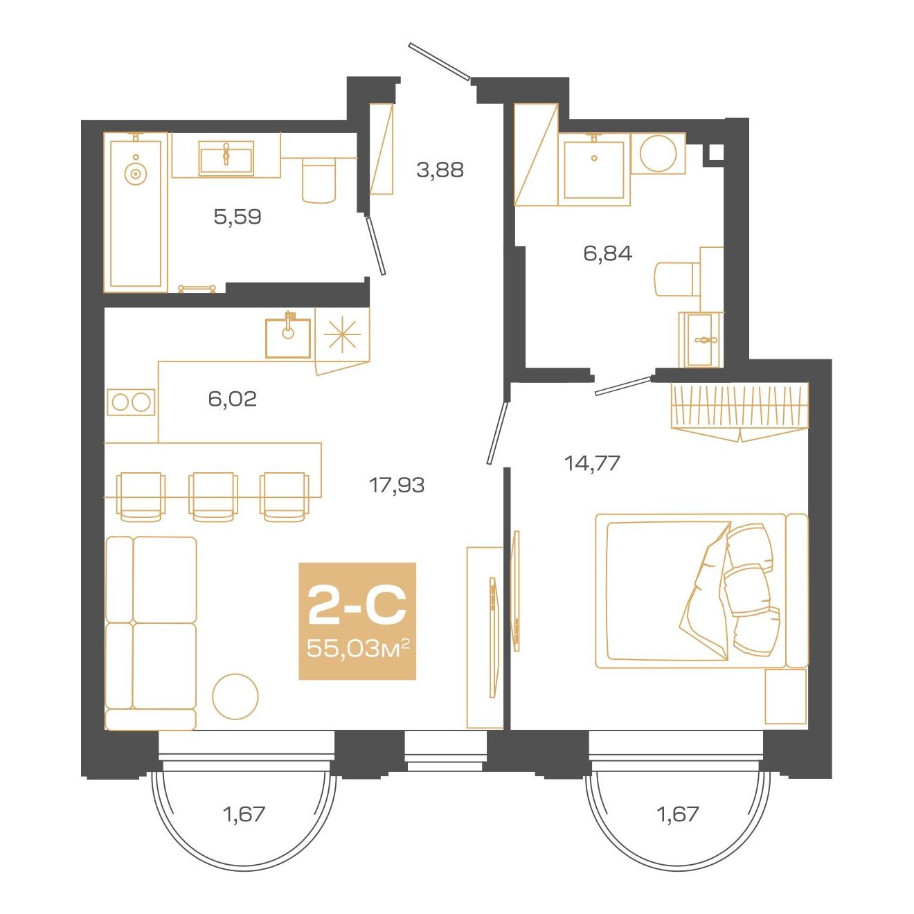 Планировка: 2-комнатная 55,03 м² в ЖК «Пульсар»