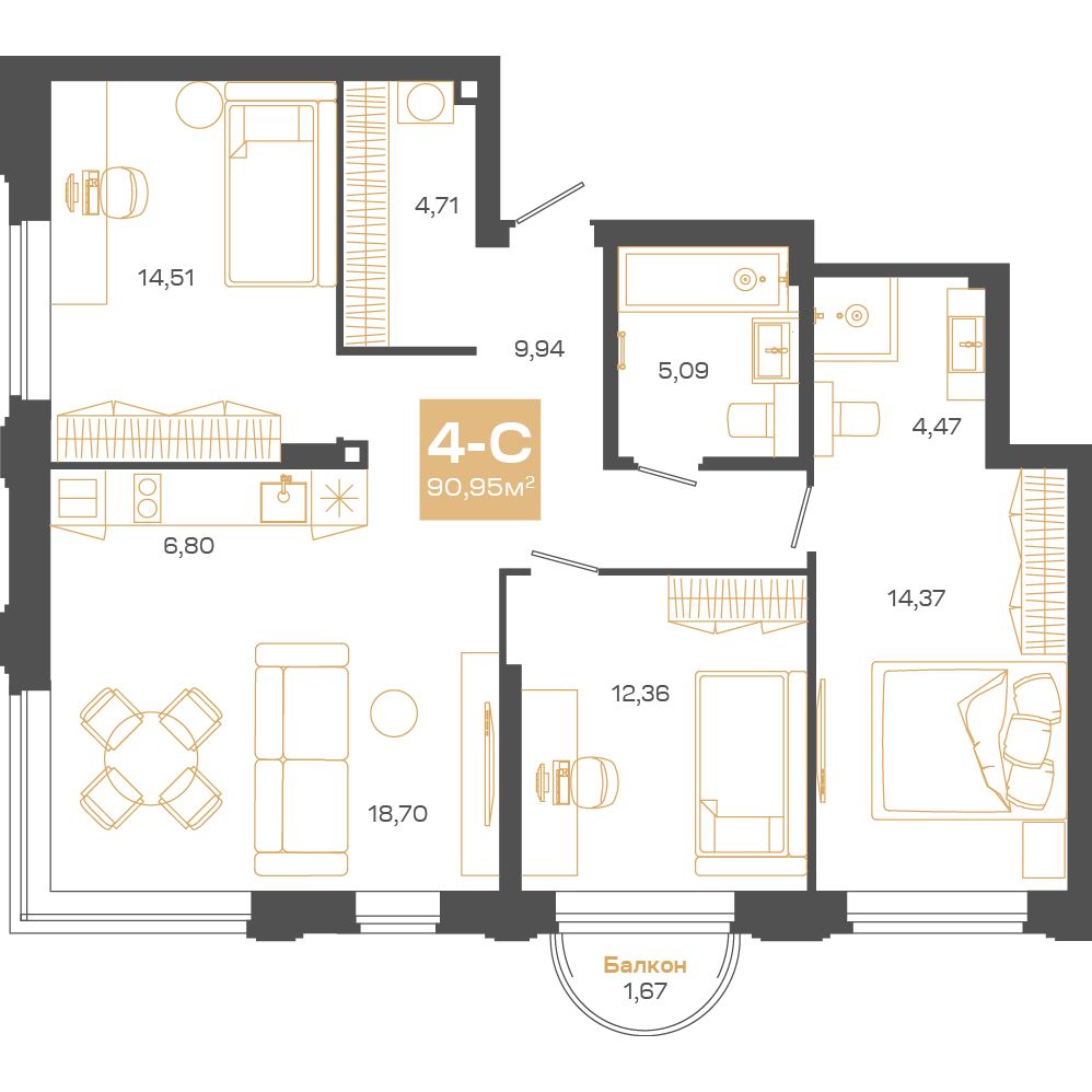 Планировка: 4-комнатная 90,57 м² в ЖК «Пульсар»