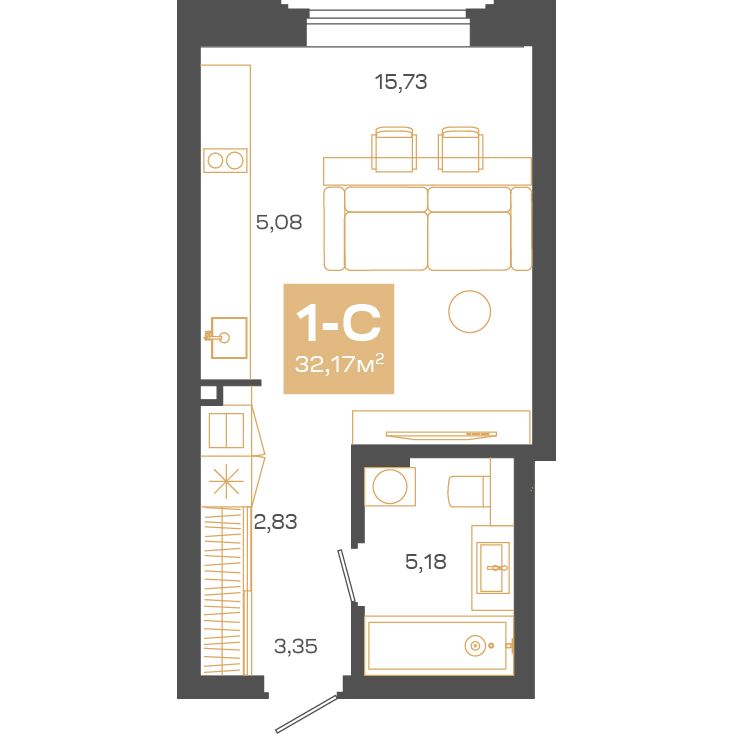 Планировка: Евро-1, 32,13 м²