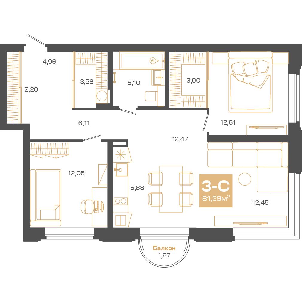 Планировка: Евро-3, 80,66 м²