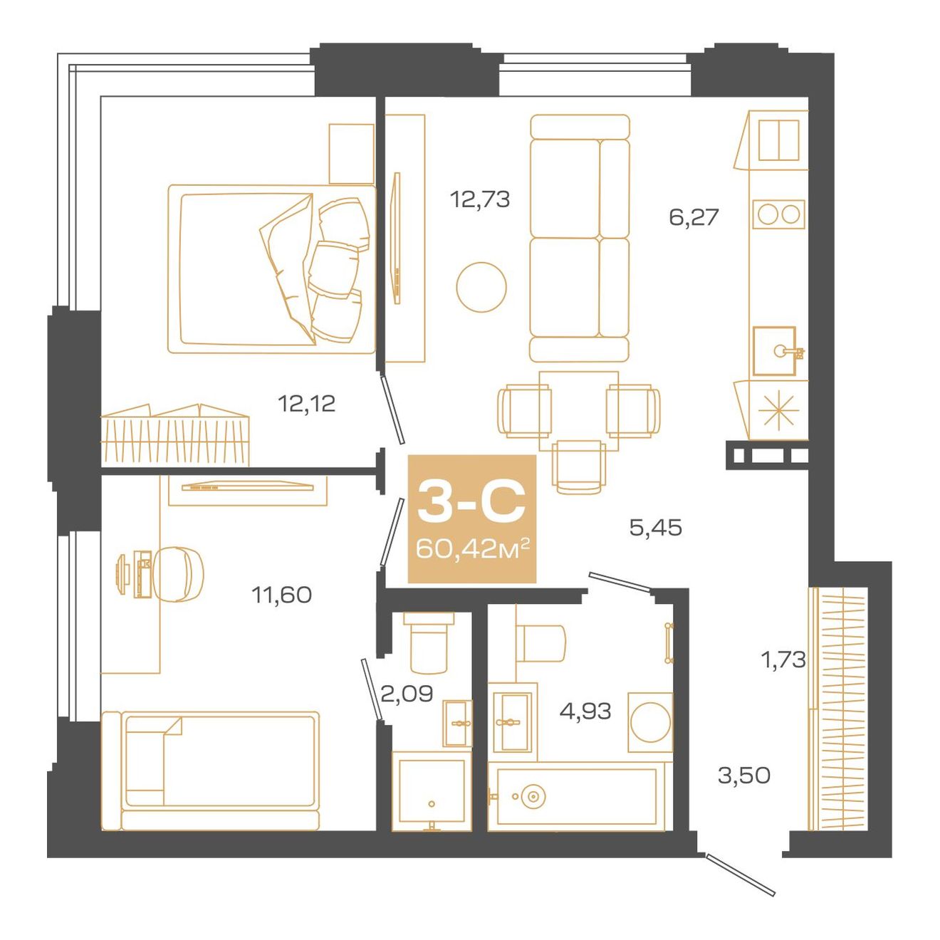 Планировка: Евро-3, 60,42 м²