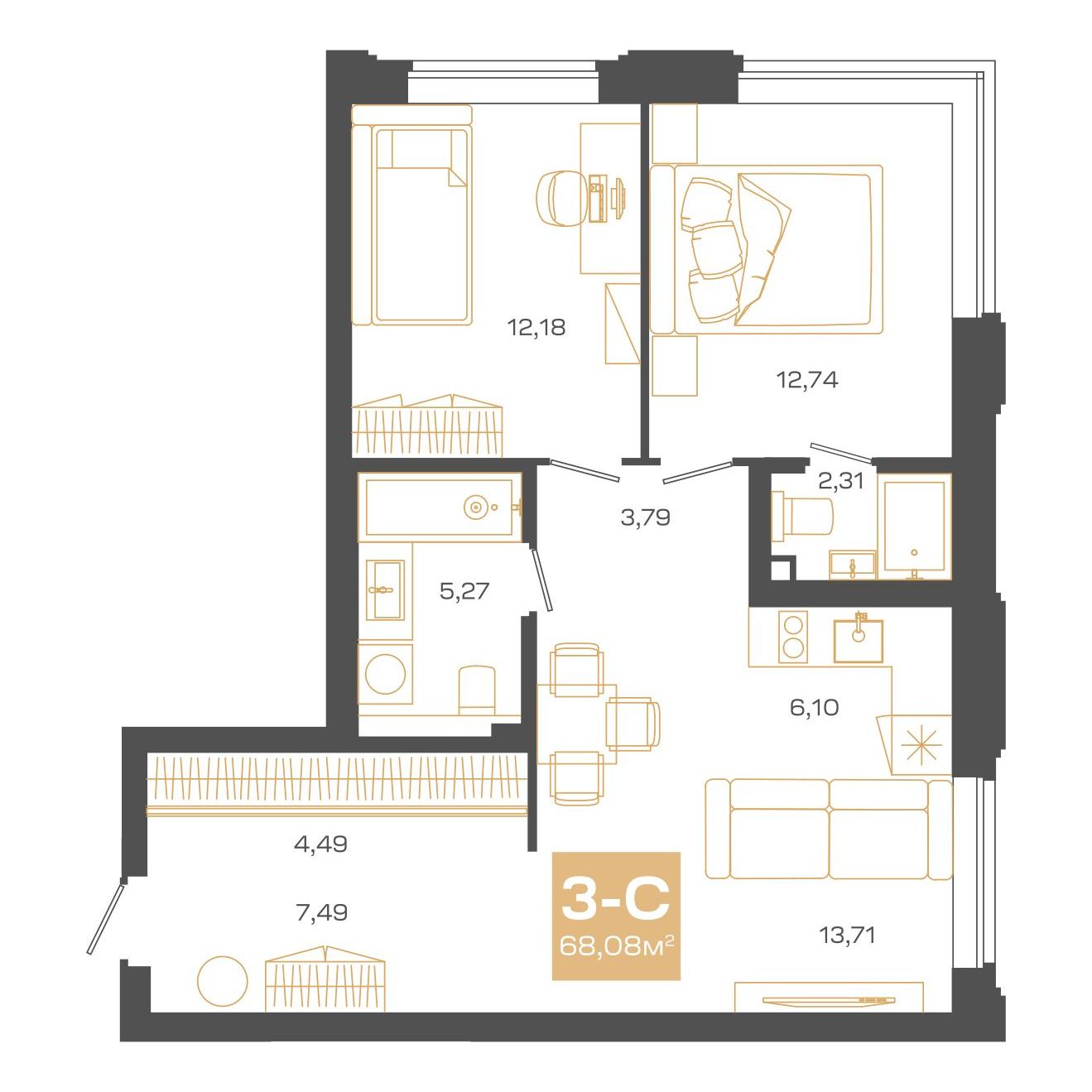 Планировка: Евро-3, 68,08 м²