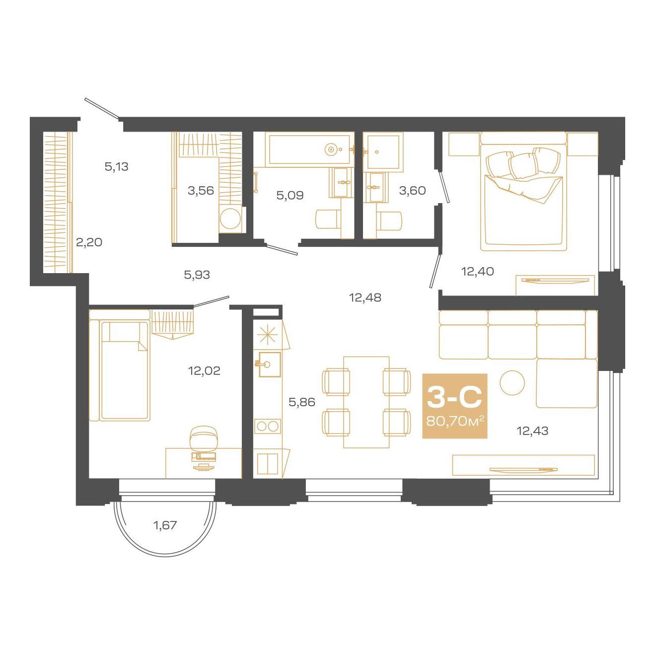 Планировка: 3-комнатная 80,66 м² в ЖК «Пульсар»