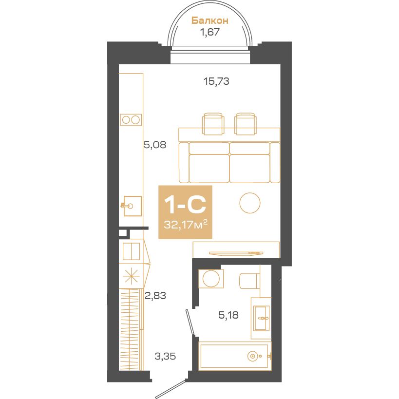 Планировка: Евро-1, 32,13 м²
