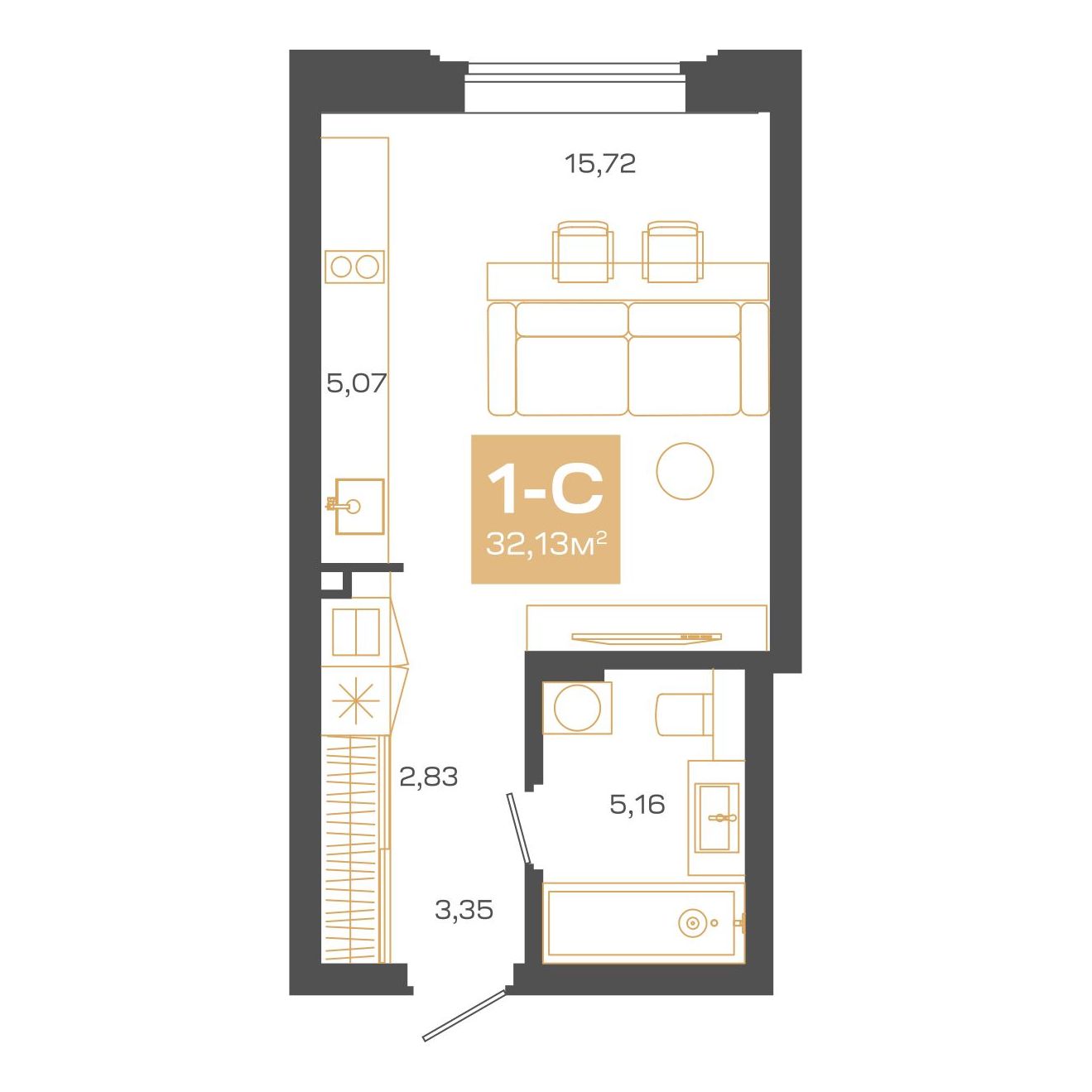 Планировка: Евро-1, 32,13 м²