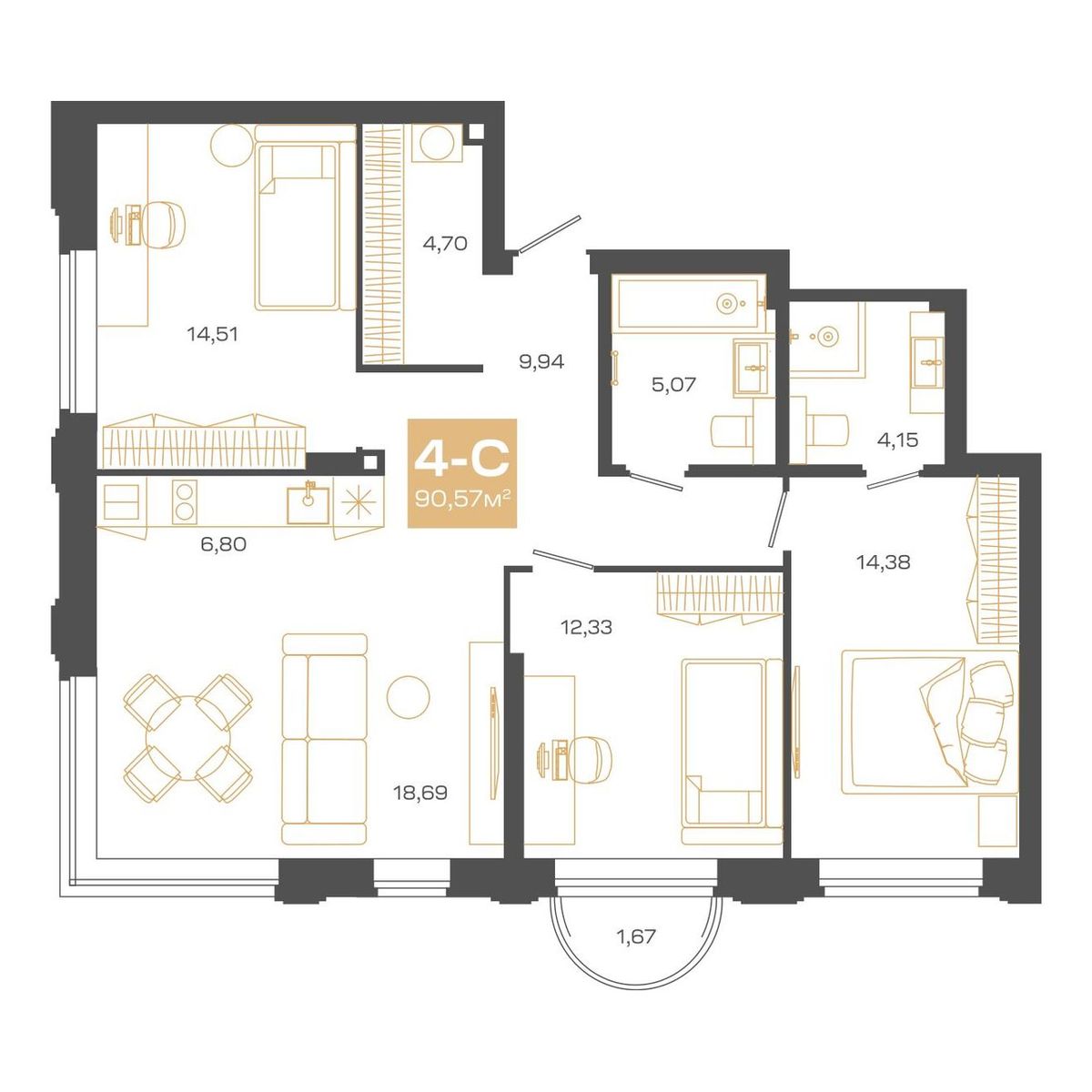 Планировка: Евро-4, 90,57 м²