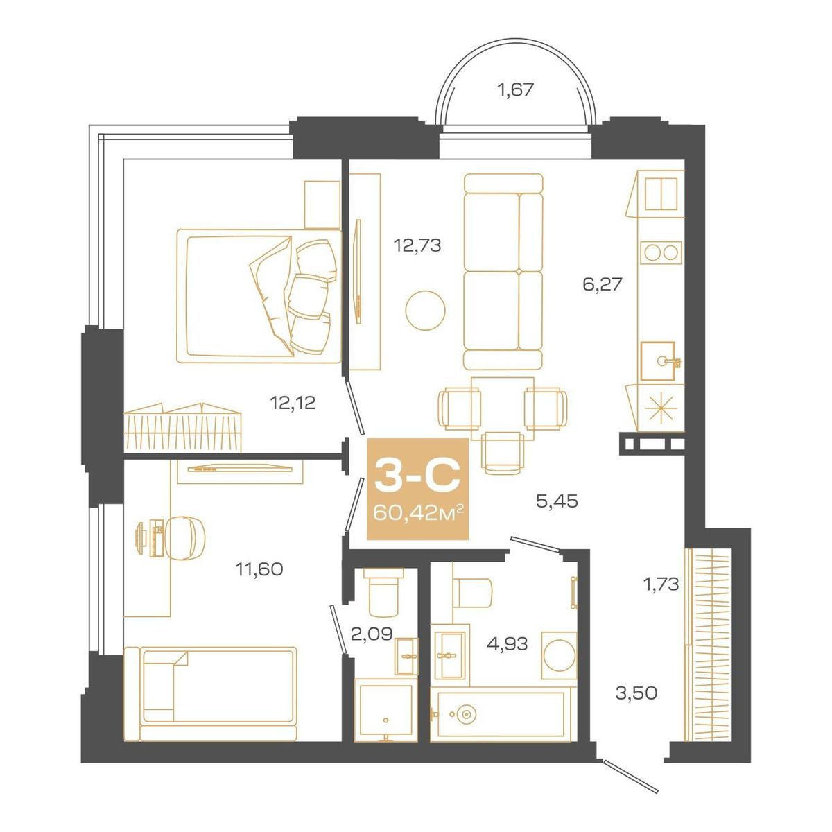 Планировка: Евро-3, 60,42 м²