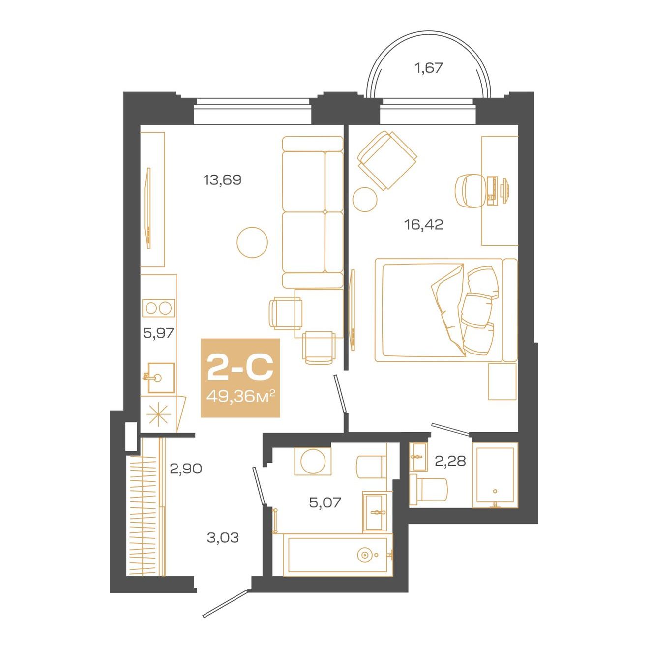 Планировка: 2-комнатная 49,47 м² в ЖК «Пульсар»