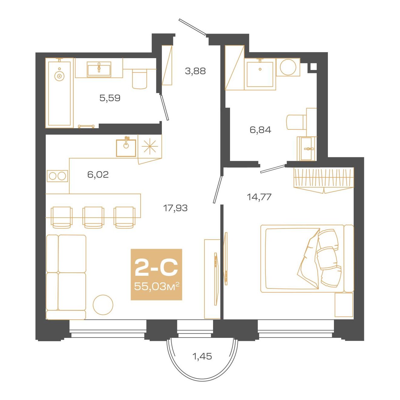Планировка: 2-комнатная 55,03 м² в ЖК «Пульсар»