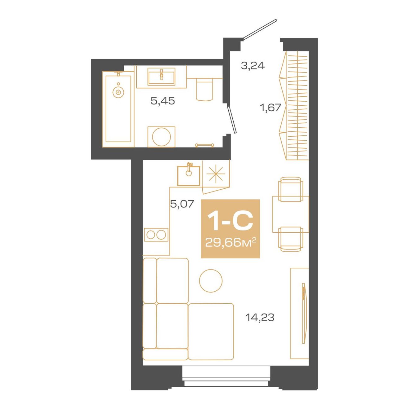 Планировка: Евро-1, 29,66 м²
