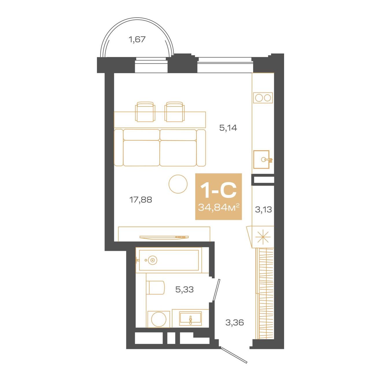 Планировка: Евро-1, 34,84 м²