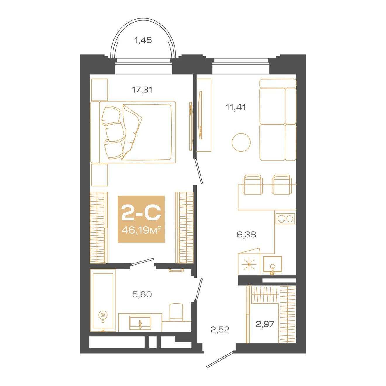 Планировка: Евро-2, 46,19 м²