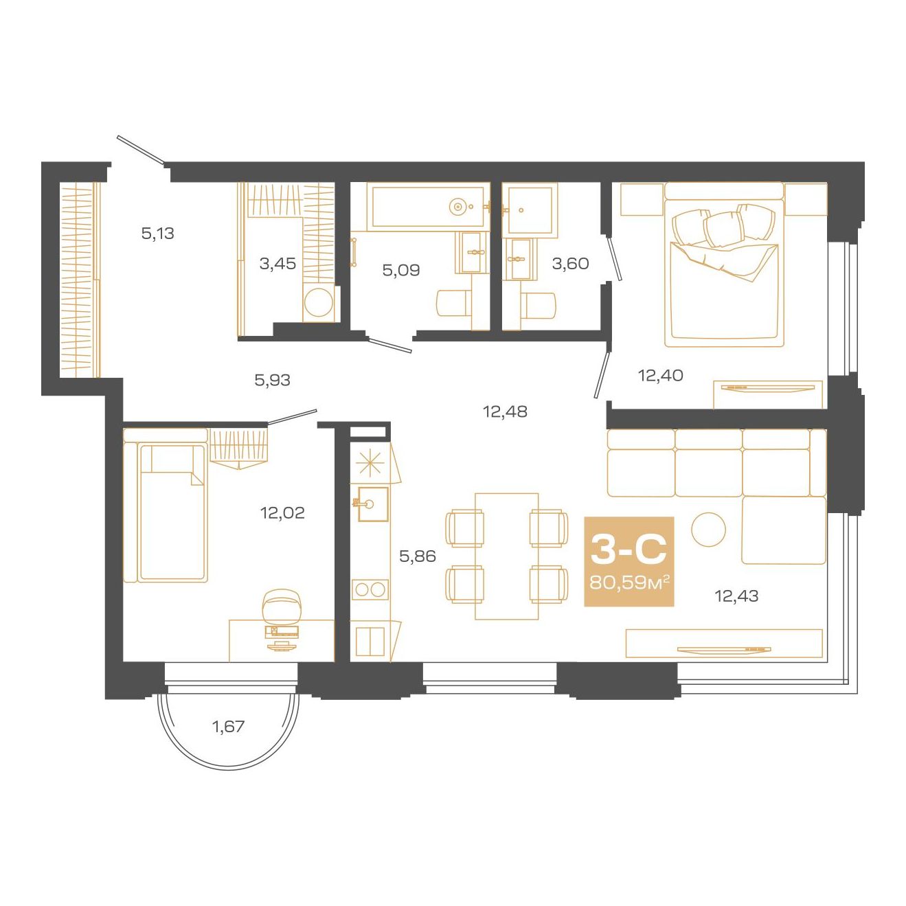 Планировка: Евро-3, 80,54 м²