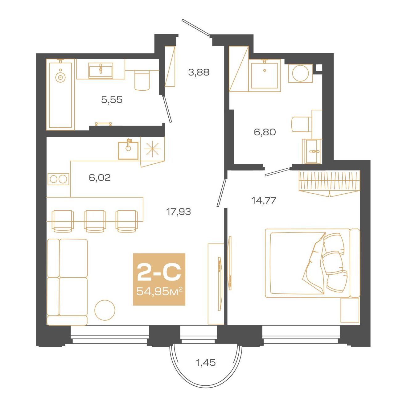 Планировка: Евро-2, 54,95 м²