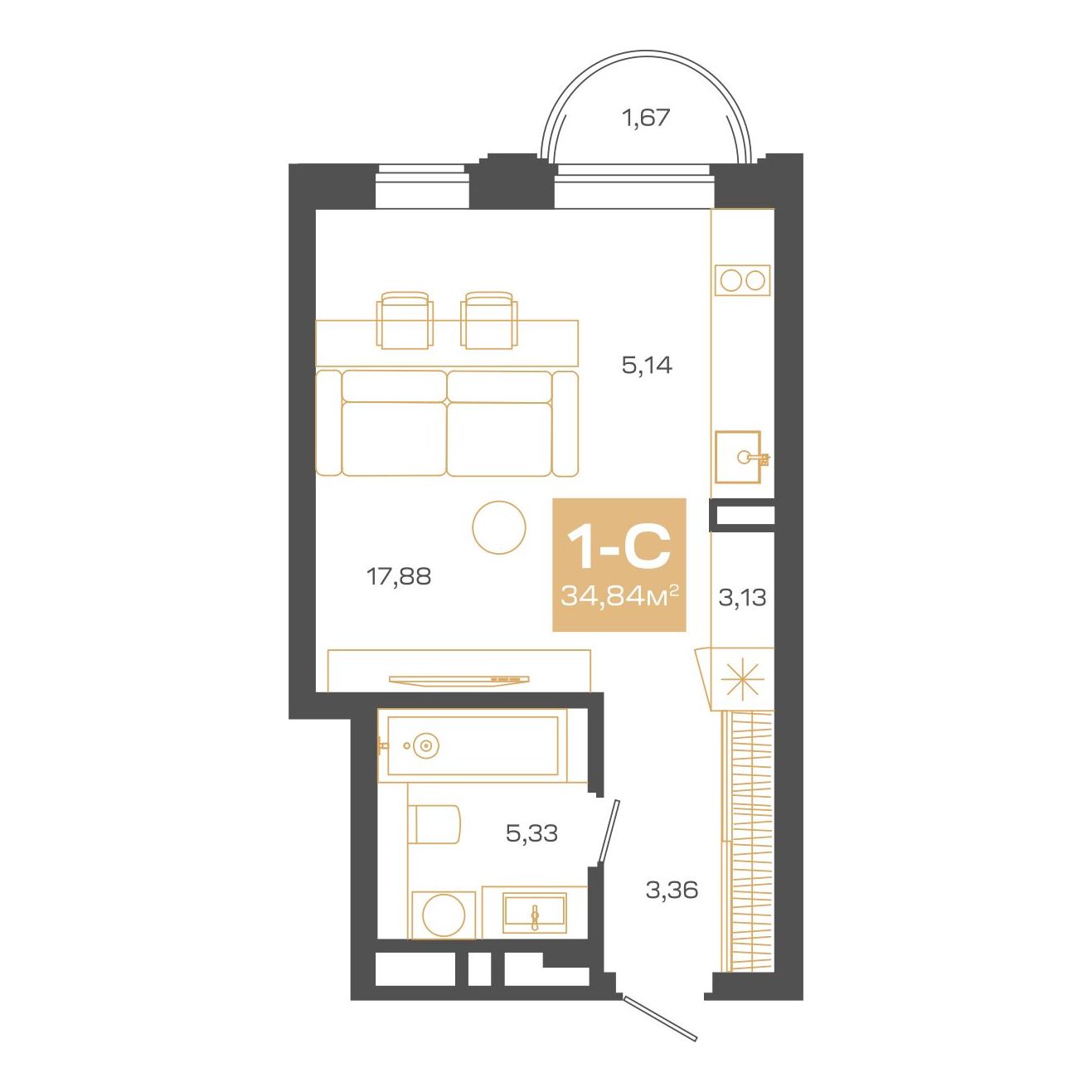 Планировка: Евро-1, 34,84 м²