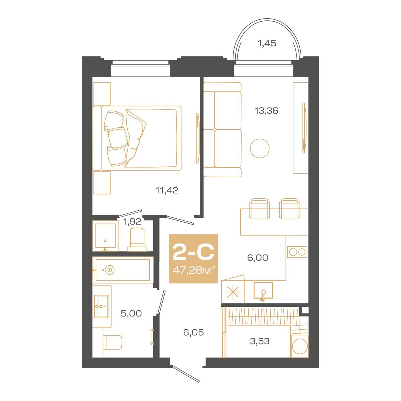 Планировка: 2-комнатная 47,28 м² в ЖК «Пульсар»