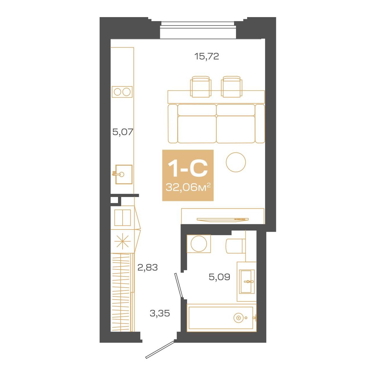 Планировка: Евро-1, 32,06 м²