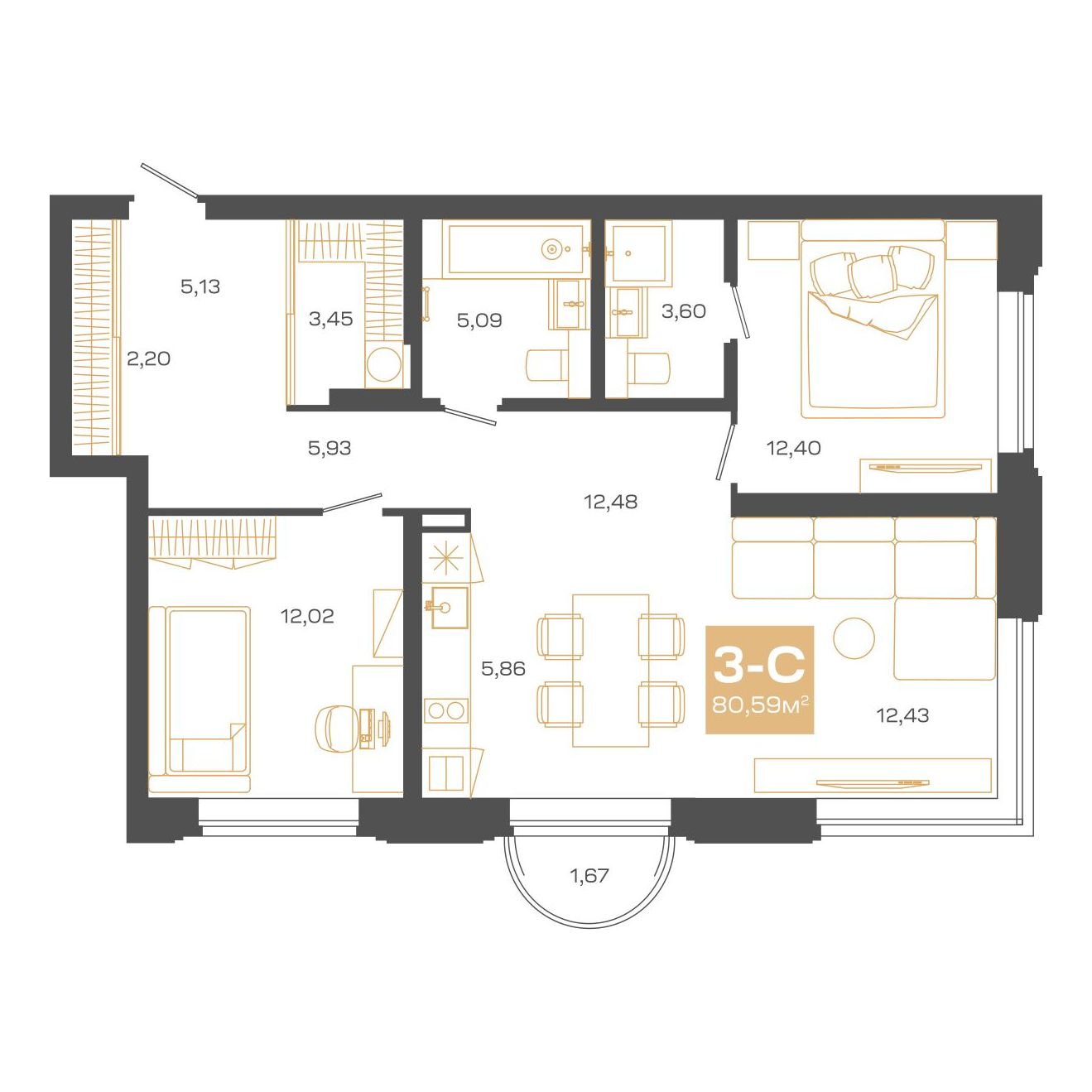 Планировка: Евро-3, 80,54 м²