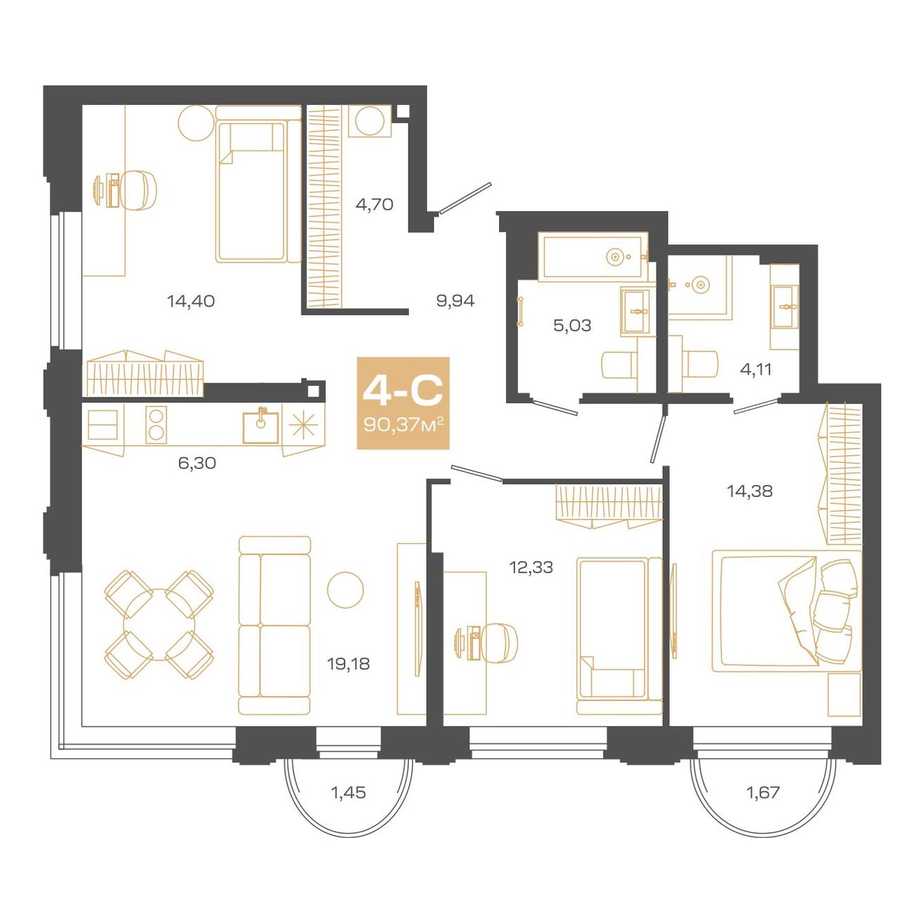 Планировка: Евро-4, 90,37 м²