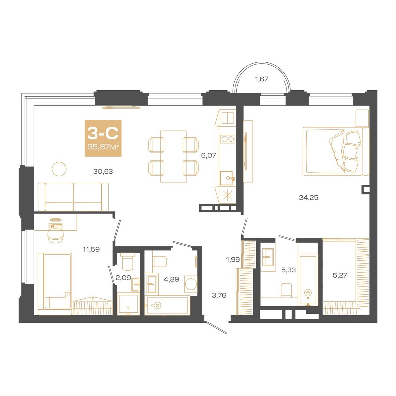 Планировка: Евро-3, 95,87 м²