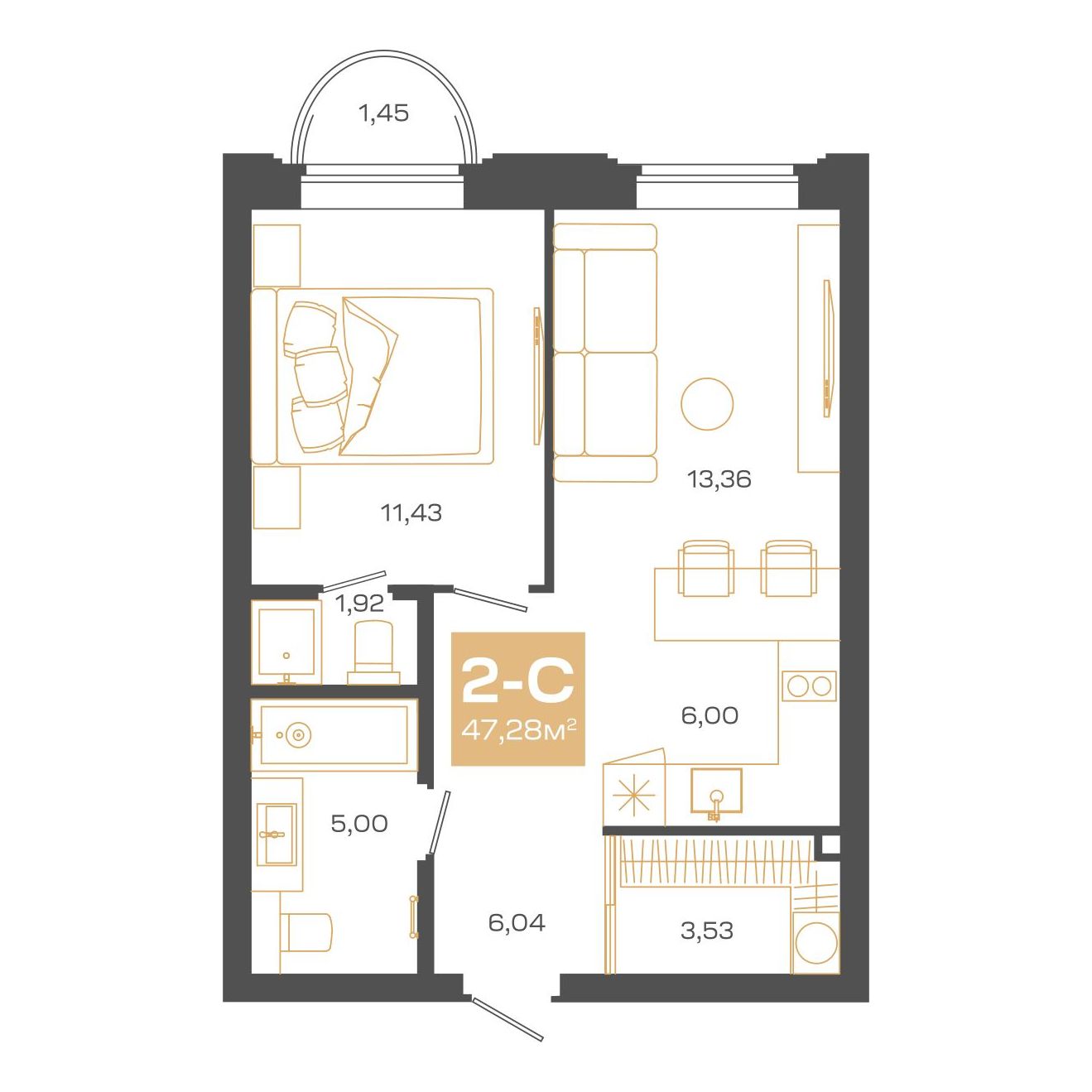 Планировка: Евро-2, 47,28 м²