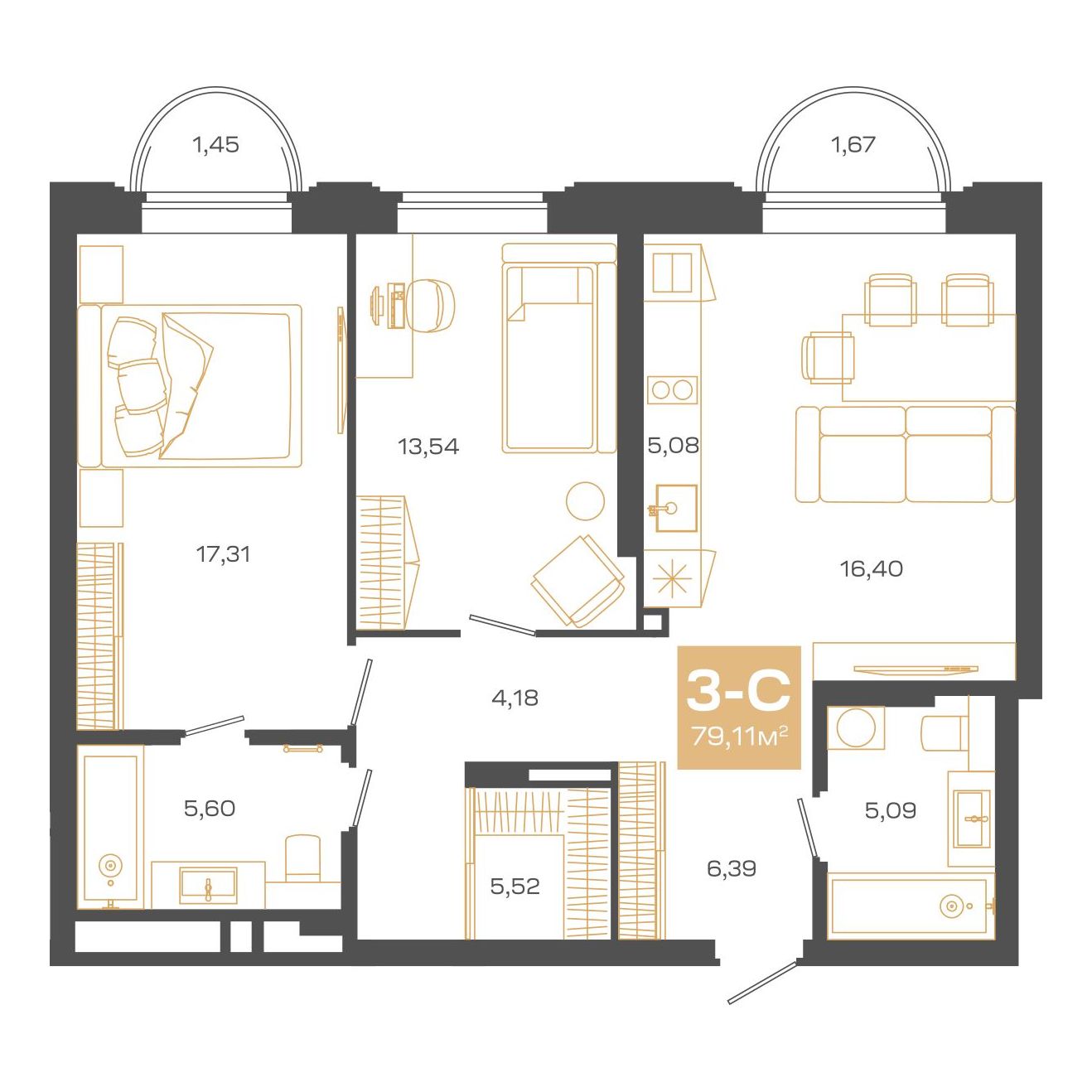 Планировка: Евро-3, 79,11 м²