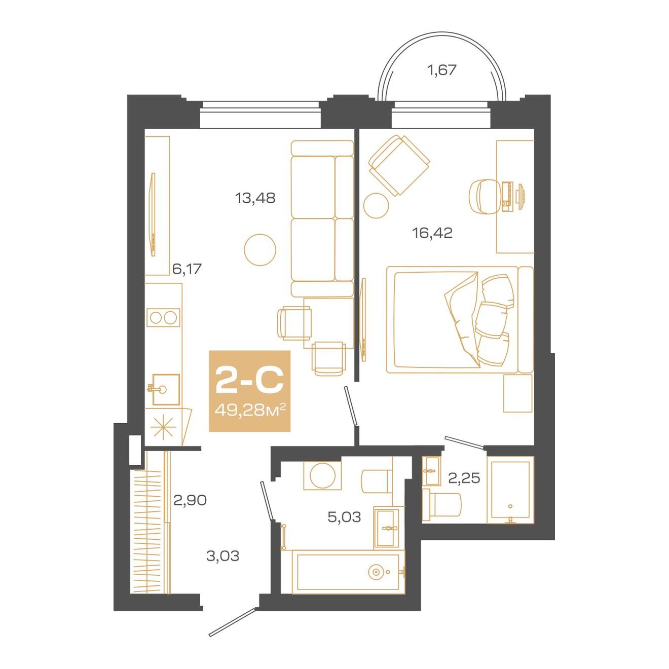 Планировка: Евро-2, 49,39 м²