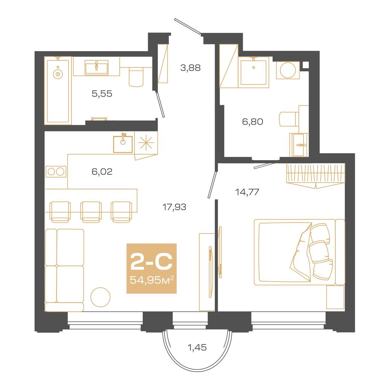 Планировка: 2-комнатная, 54,95 м²