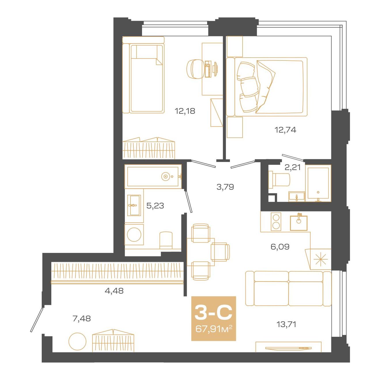 Планировка: Евро-3, 67,91 м²