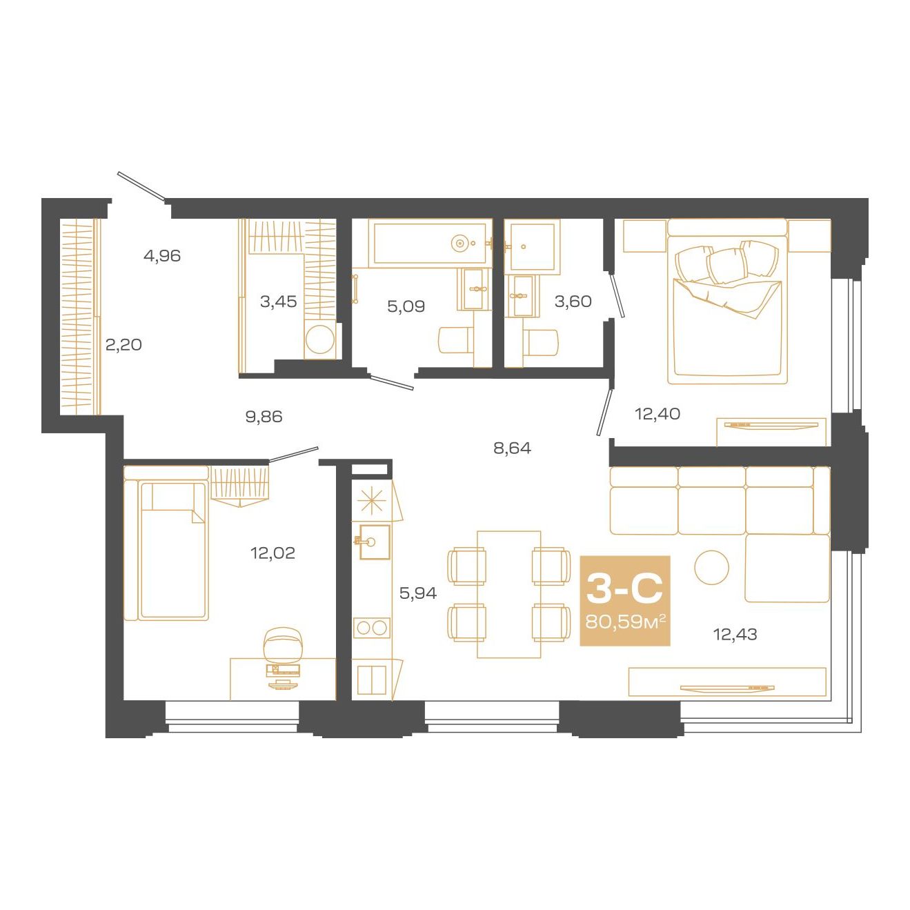 Планировка: 3-комнатная, 80,52 м²