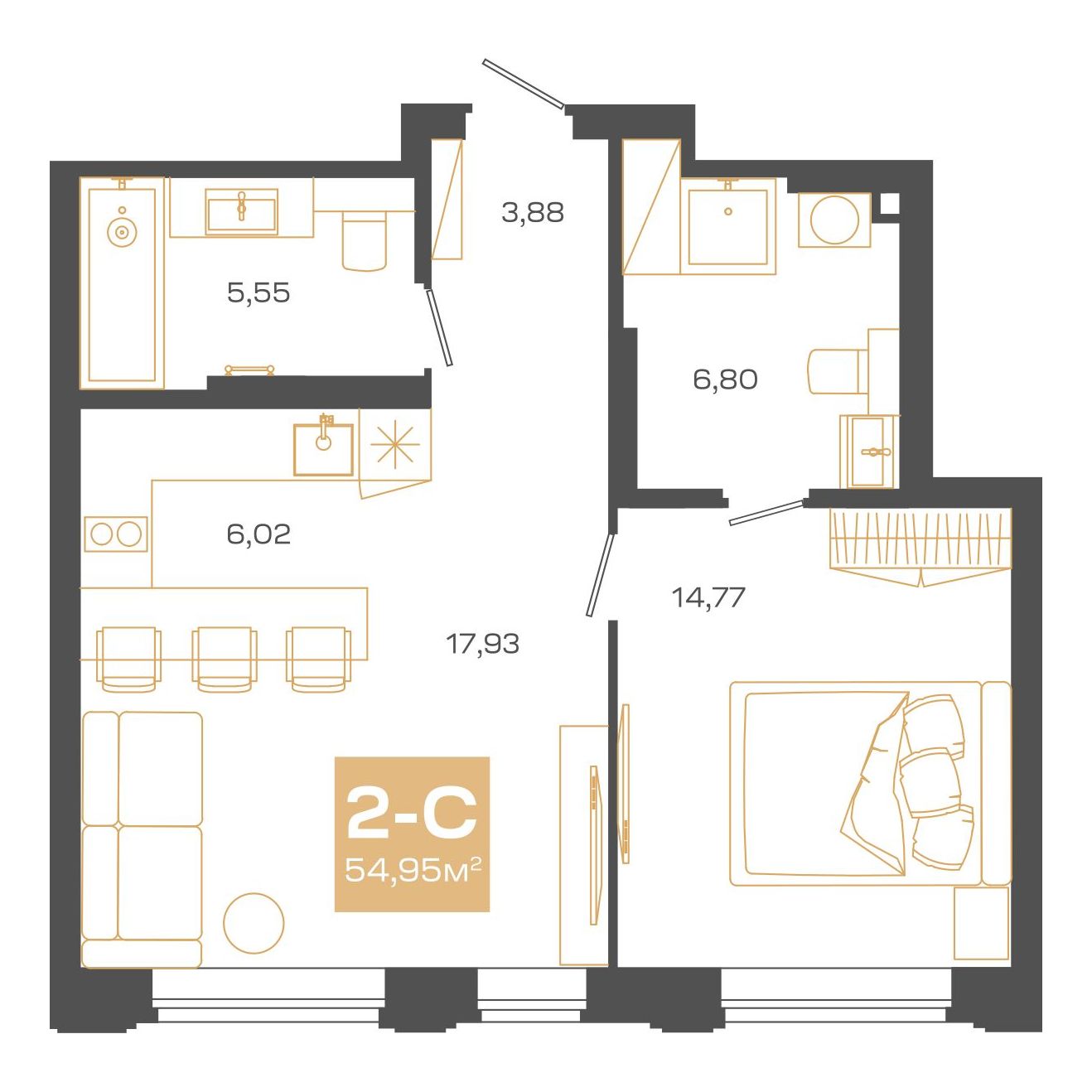 Планировка: 2-комнатная, 54,95 м²