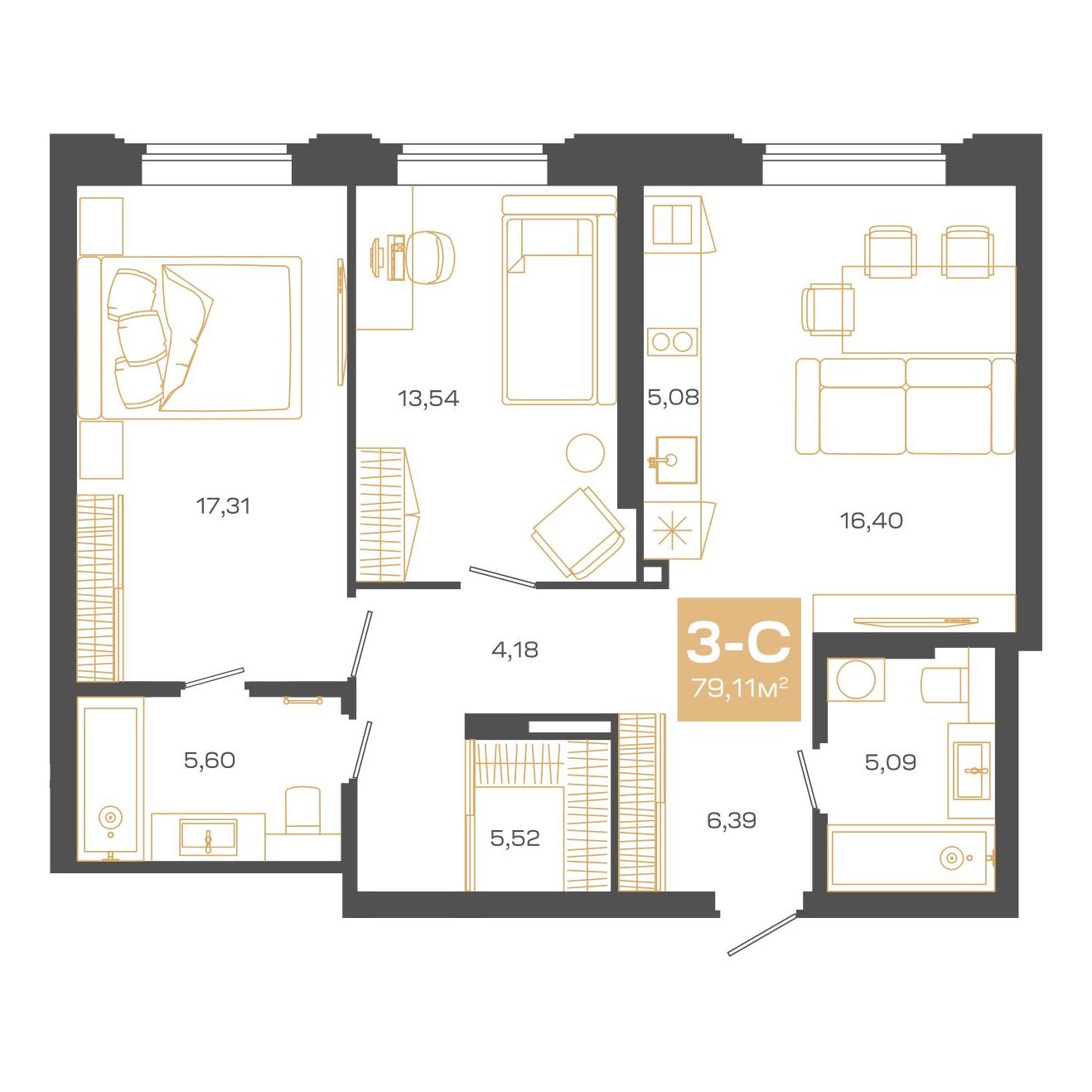 Планировка: Евро-3, 79,11 м²