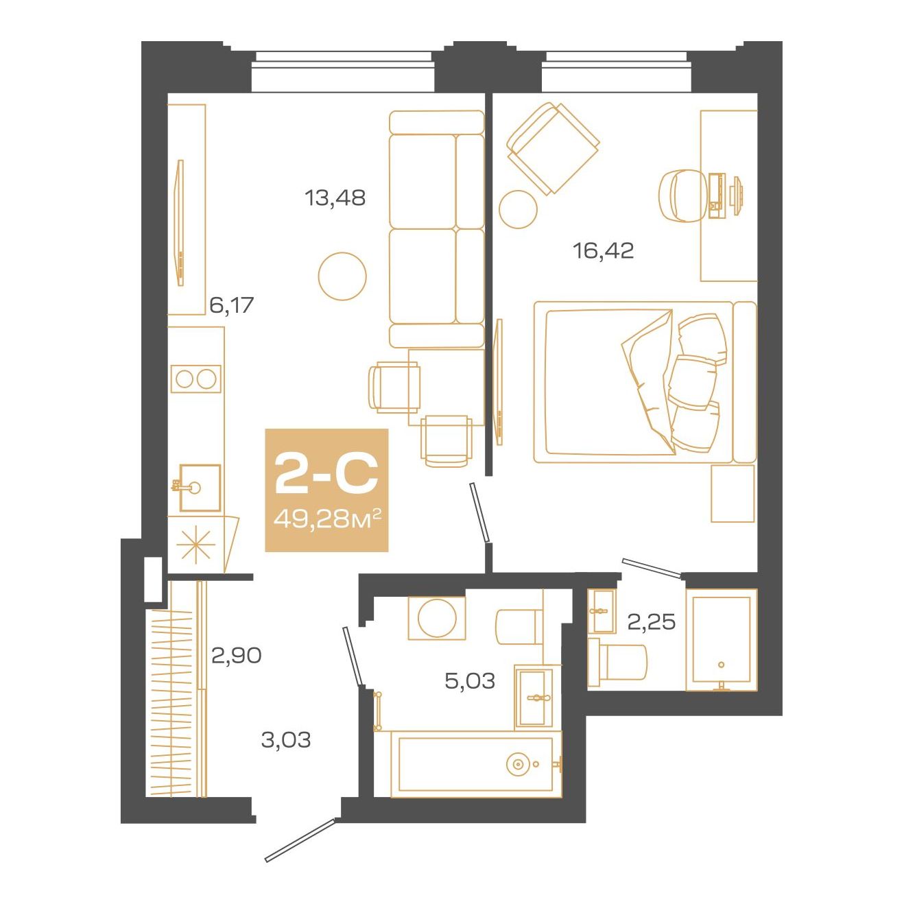 Планировка: Евро-2, 49,28 м²